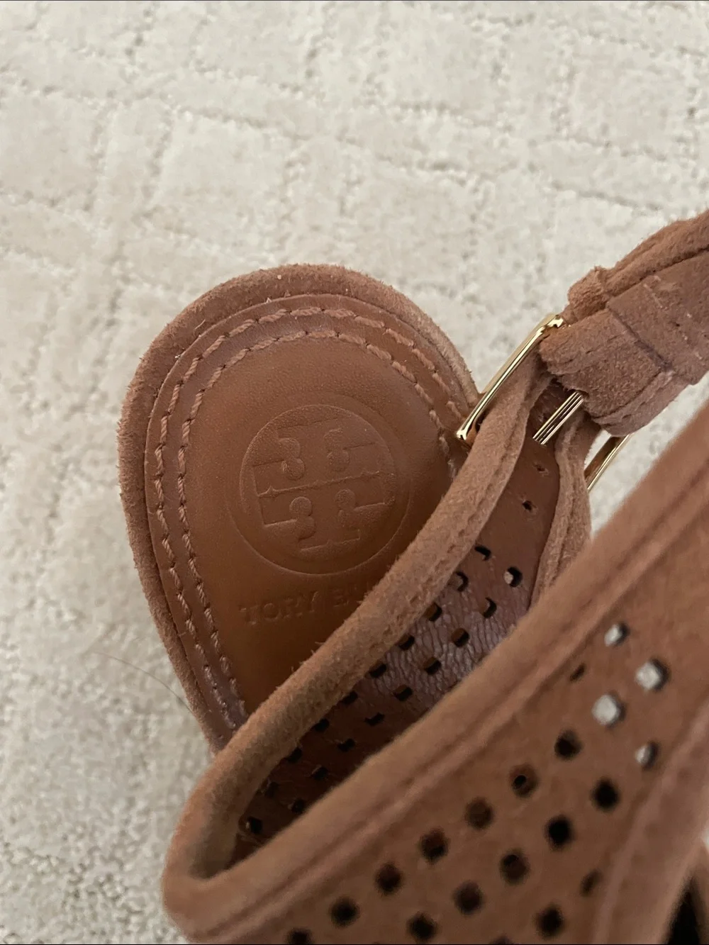 Tory Burch Perforated Suede Open-Toe Slingback Mules - Cognac